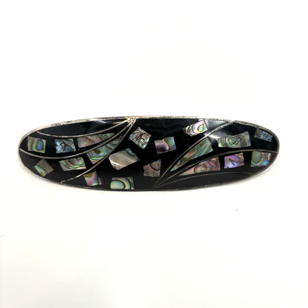 Alpaca Mexico Abalone Shell Inlay Hair Barrette Clip Black Resin Silver Tone 4"